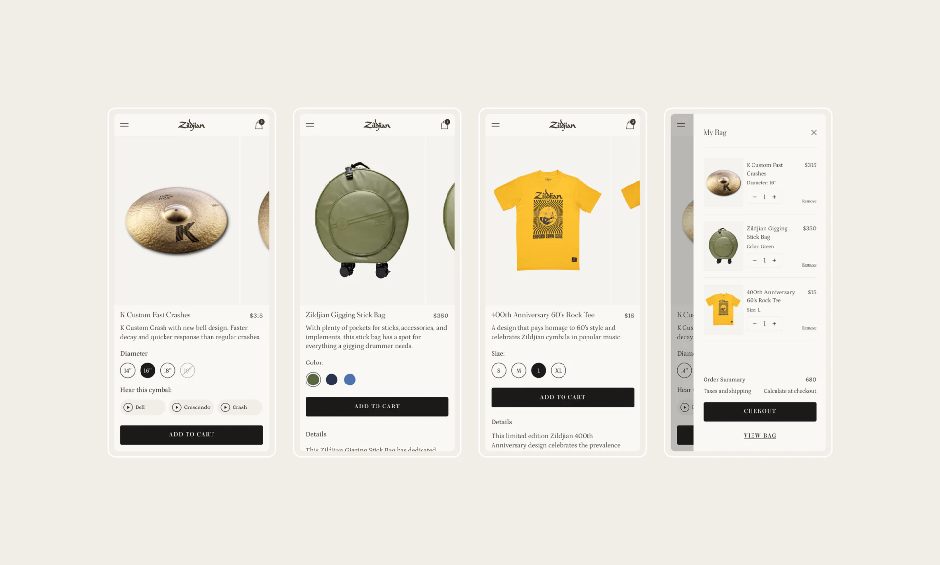 Zildjian mobile cymbal diameters, green bag color dots, yellow T-shirt sizes, and shopping bag on the right