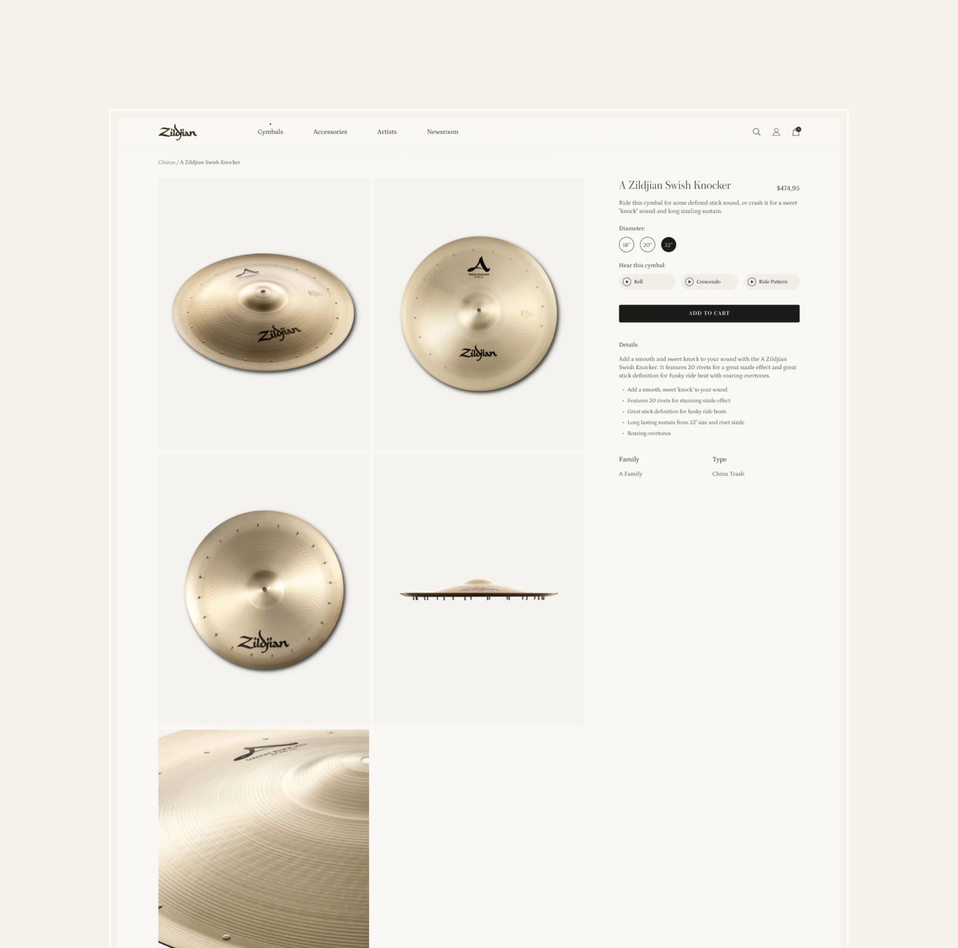 Zildjian cymbal detail with multiple views on the left and Diameter options plus Bell, Crescendo, and Ride Pattern samples on the right