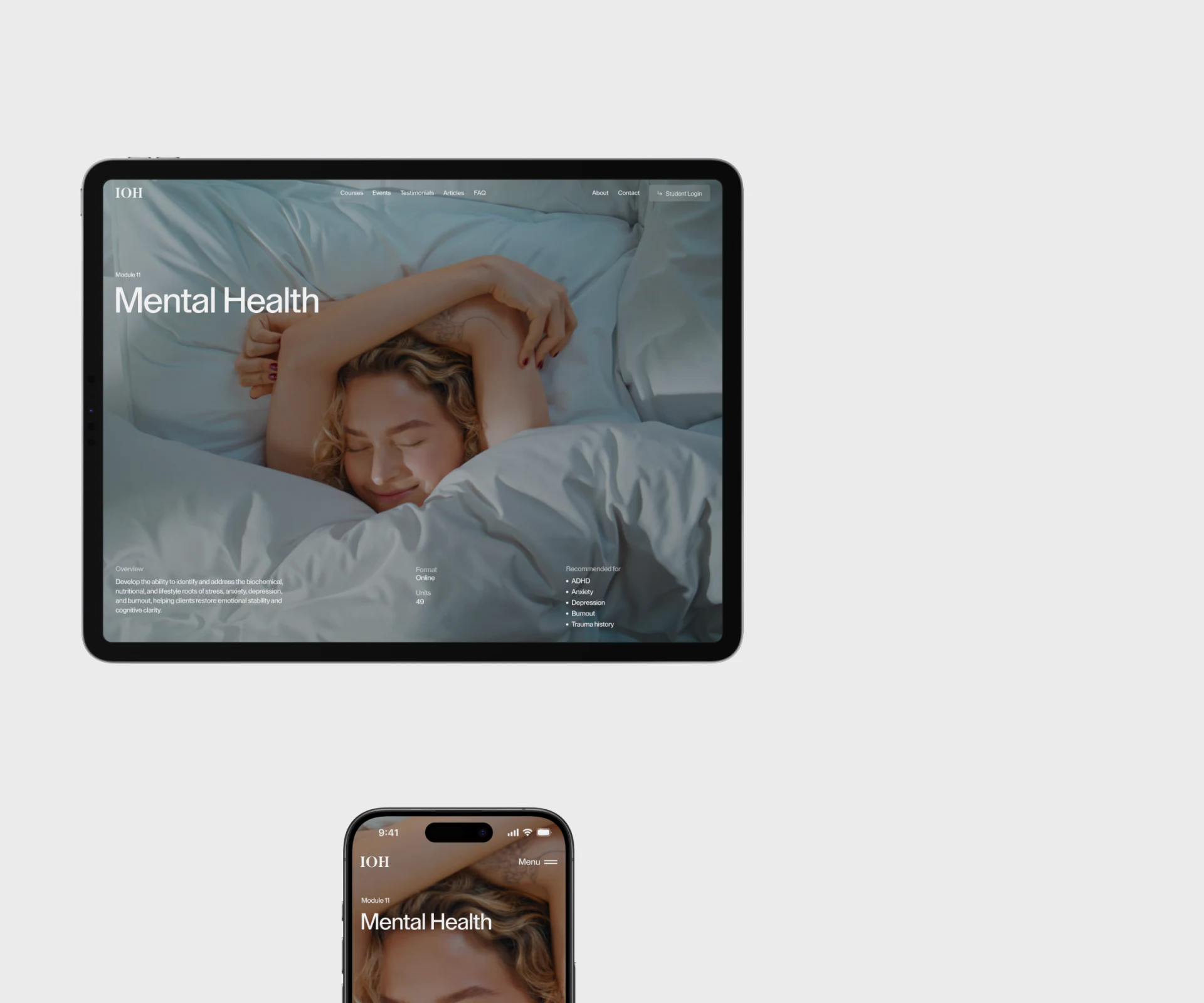 Mental Health课程主题照片与Overview、Format、Units及Recommended for字段
