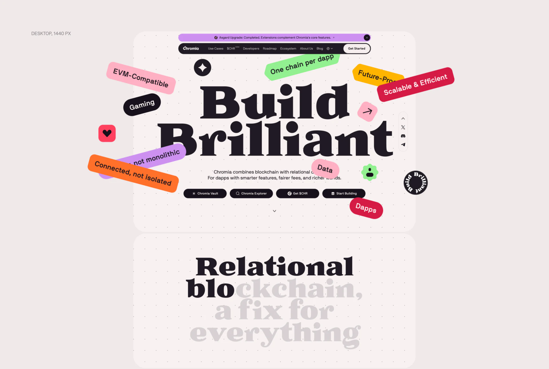 Chromia首屏Build Brilliant标题、彩色技术与应用贴纸及四个黑色按钮