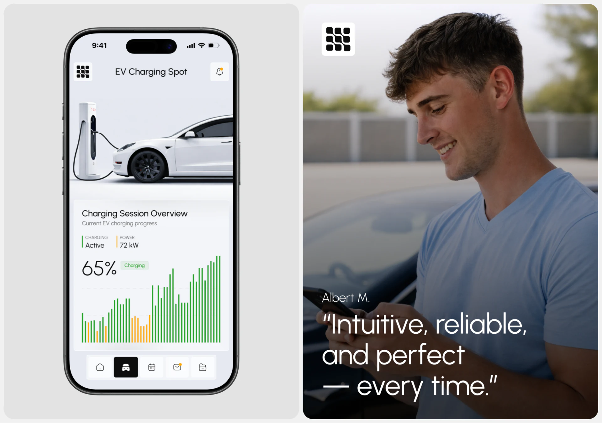 手机充电会话中的Active、72kW、65%和黄绿色柱形图