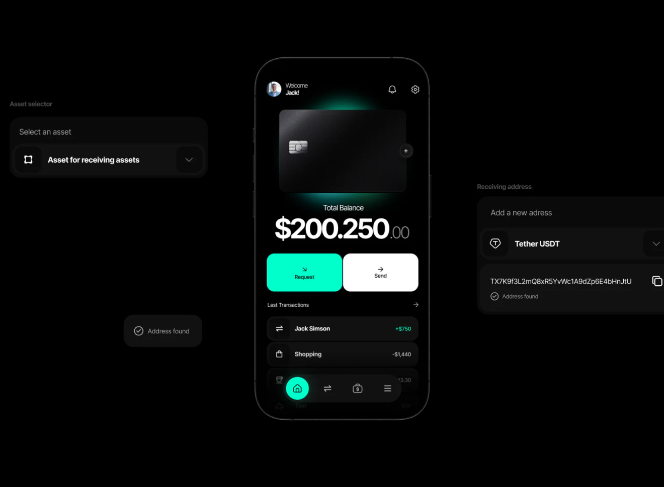 Vare black wallet home with Total Balance, teal Request, white Send, and Last Transactions