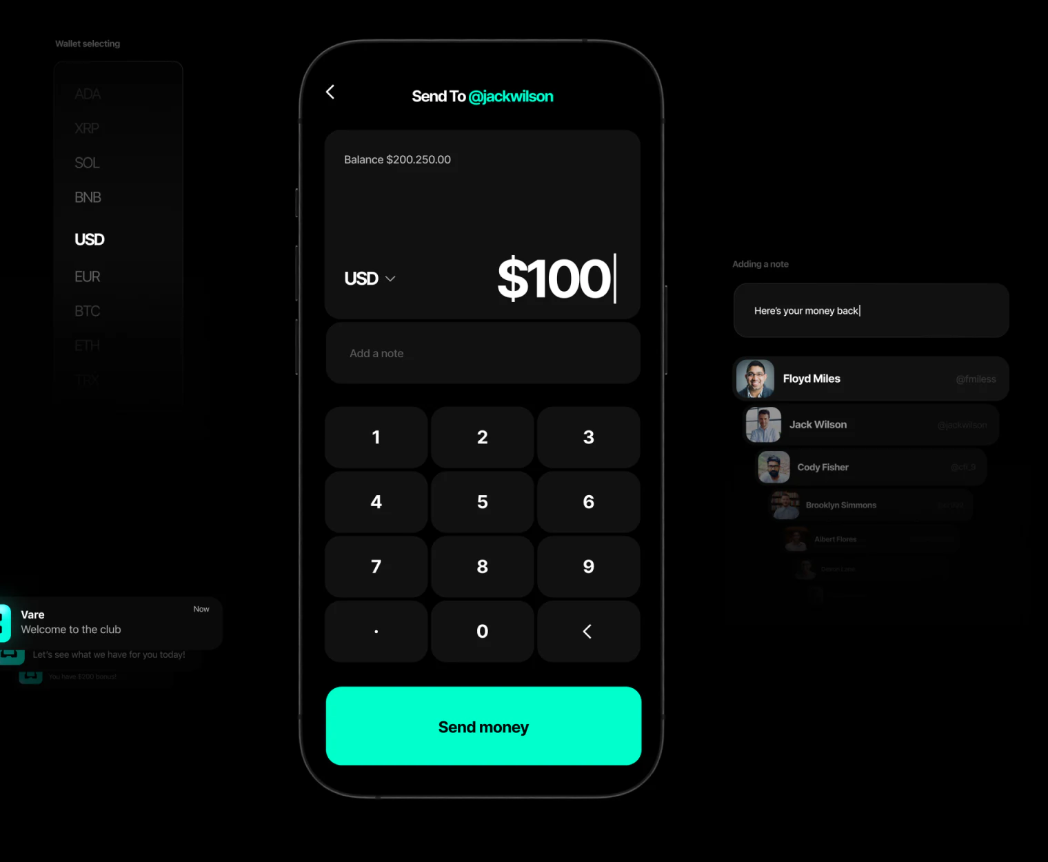 Vare amount page with Send To @jackwilson, USD and 100, Add a note, number pad, and Send money