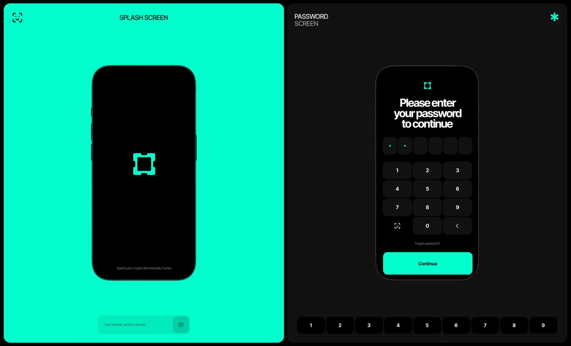 Vare black password screen with six cells, number pad, Forget password, and teal Continue