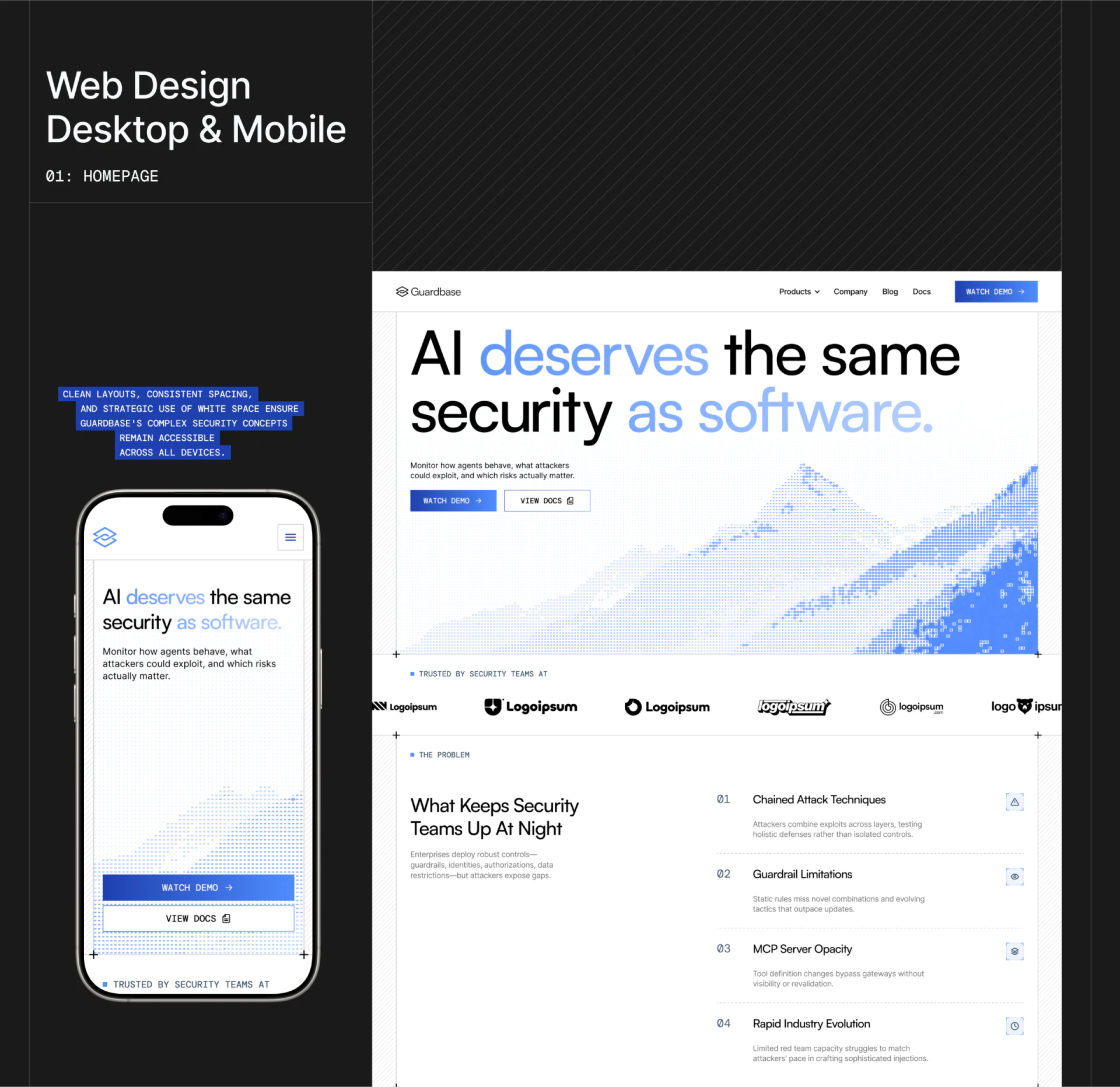 Guardbase wide and narrow home pages with blue-black headings, dot terrain and two entries
