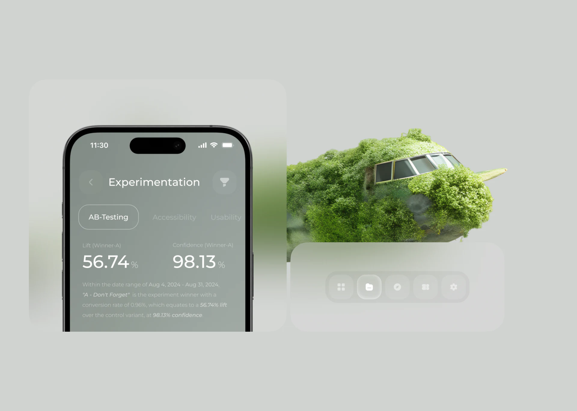 Gray-green mobile interface with AB-testing labels, two percentages, and an explanation