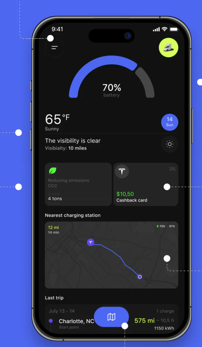 TTCS home with battery semicircle, weather, cashback, and nearby stations