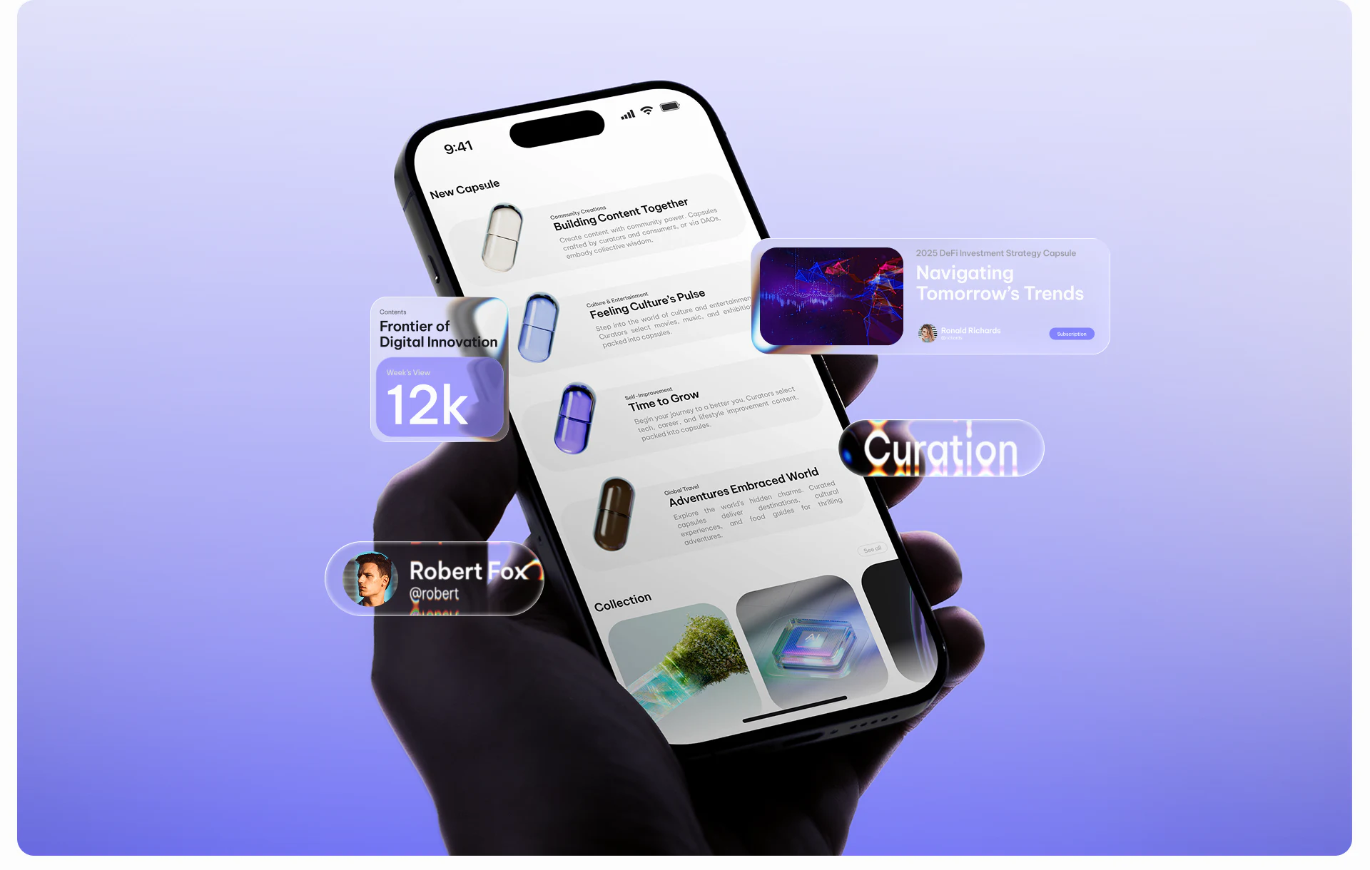 Mobile category list with capsules in different materials, surrounded by floating content and author cards