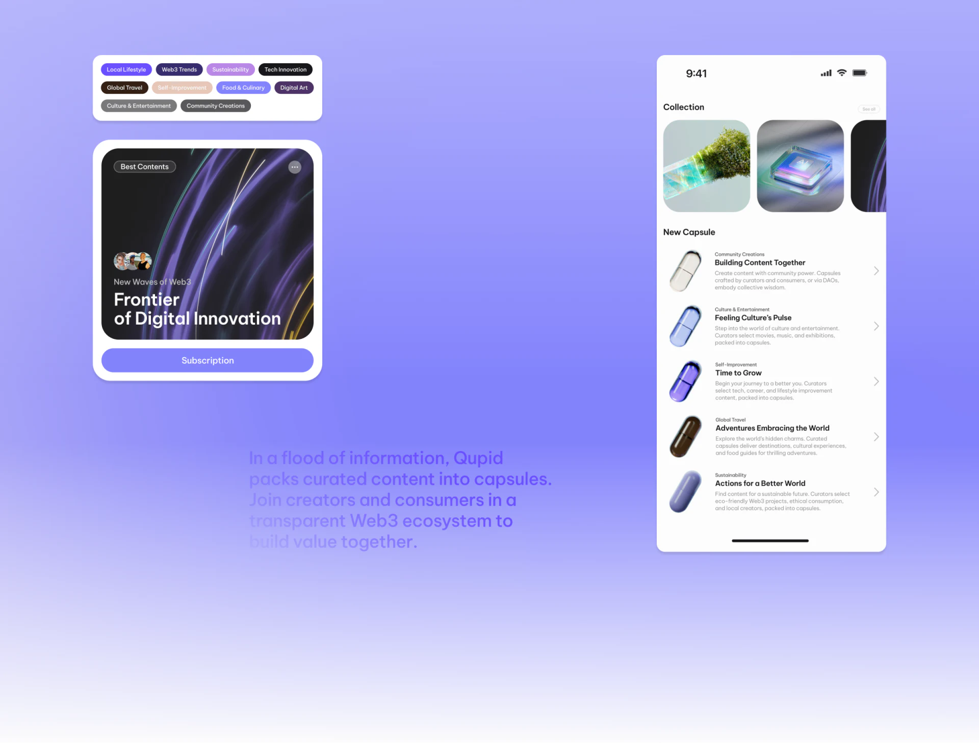 Topic tags, cover card with subscription button, and Collection category interface