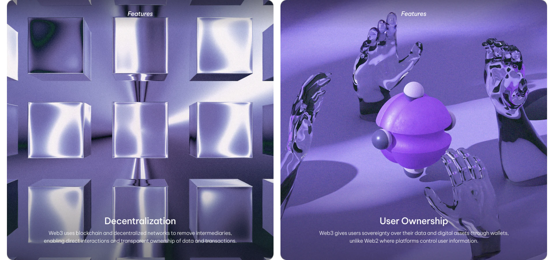 Two Features images showing silver blocks and transparent hands around a purple sphere