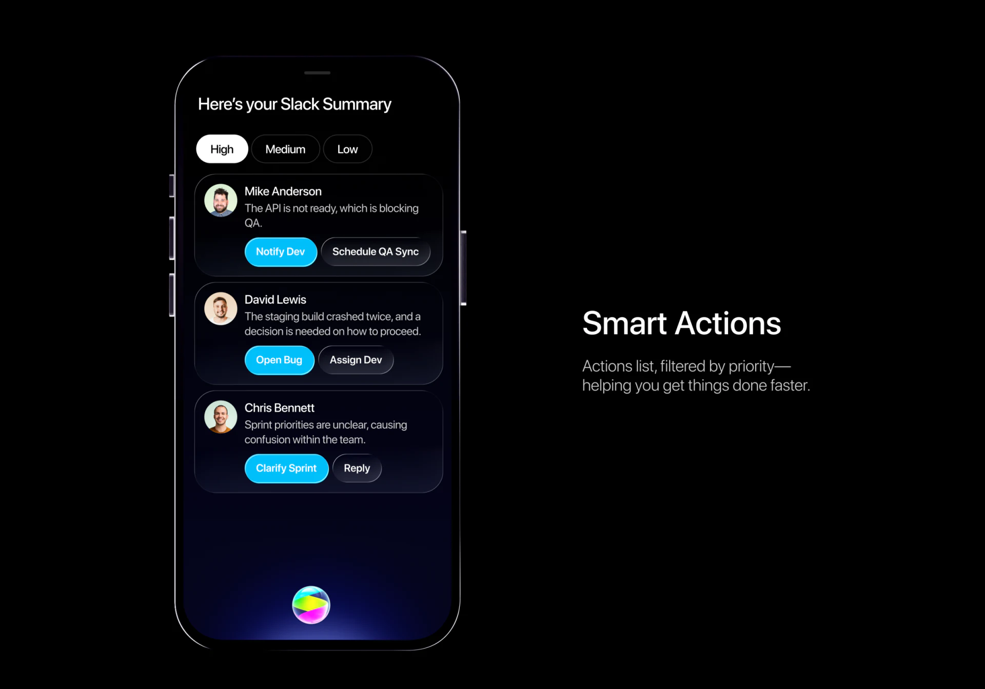 Assistant summary with High selected and people cards offering notification, issue, assignment and clarification actions