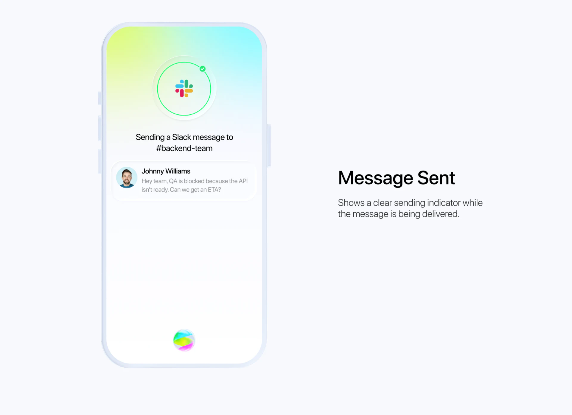 Pale feedback with Sending, backend-team, Johnny Williams, a green checked ring and adjacent Message Sent heading
