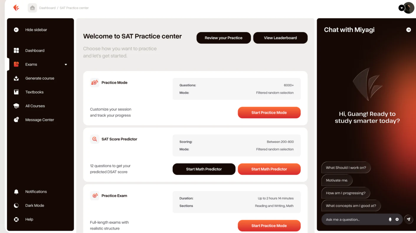 Practice, SAT score prediction, and exam mode cards with different explanations
