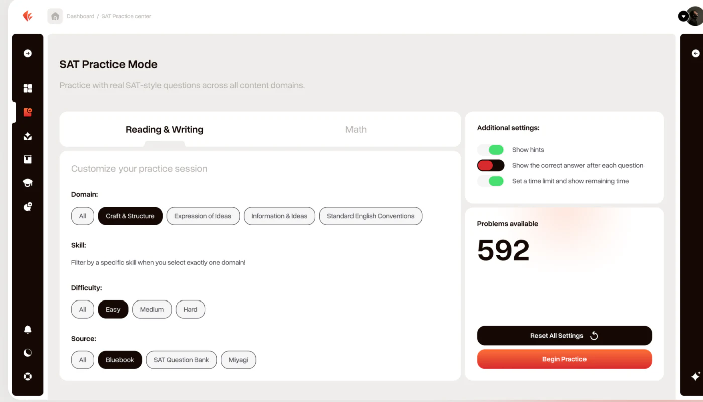 Subject, domain, dependent skills, difficulty, and source settings, with question count and start button right
