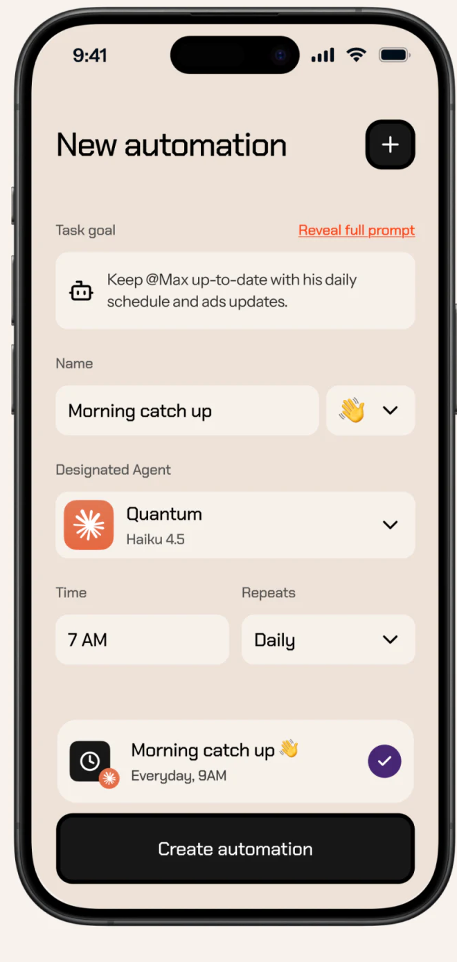 lifeOS new automation with goal, agent, time, and bottom summary