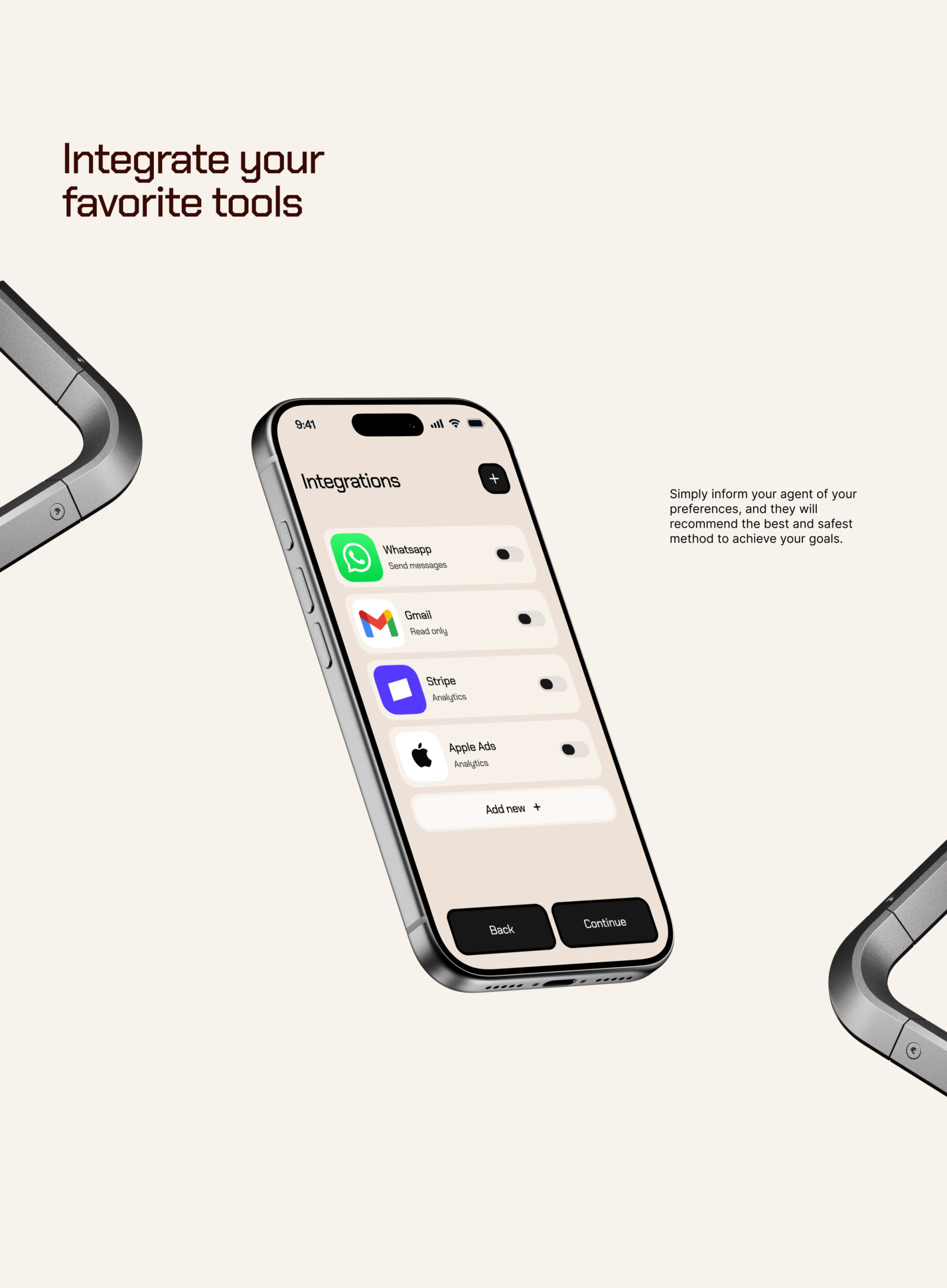 lifeOS integrations with message, read-only, and analytics scopes beside switches