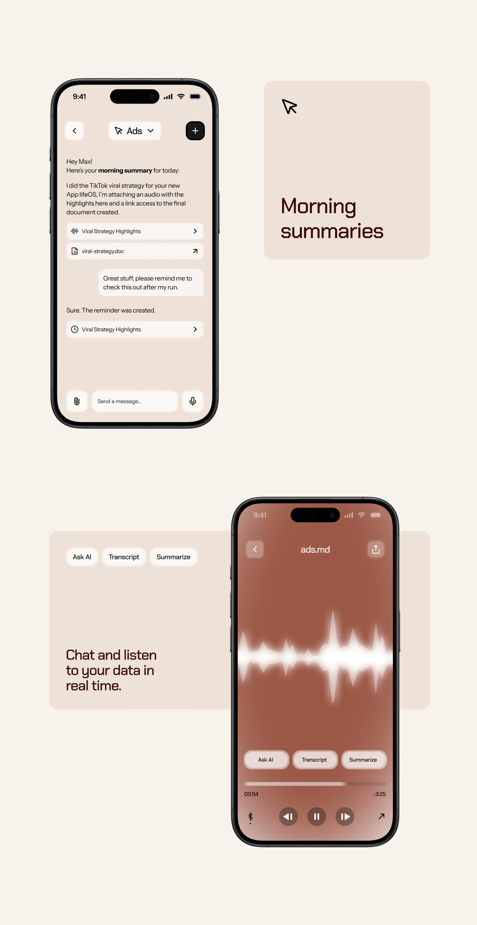 lifeOS morning conversation with audio, document, and reminder, plus transcription and summary entries in the player
