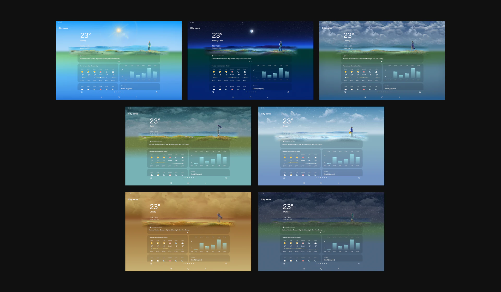 Seven sky backgrounds with similar data and alert positions