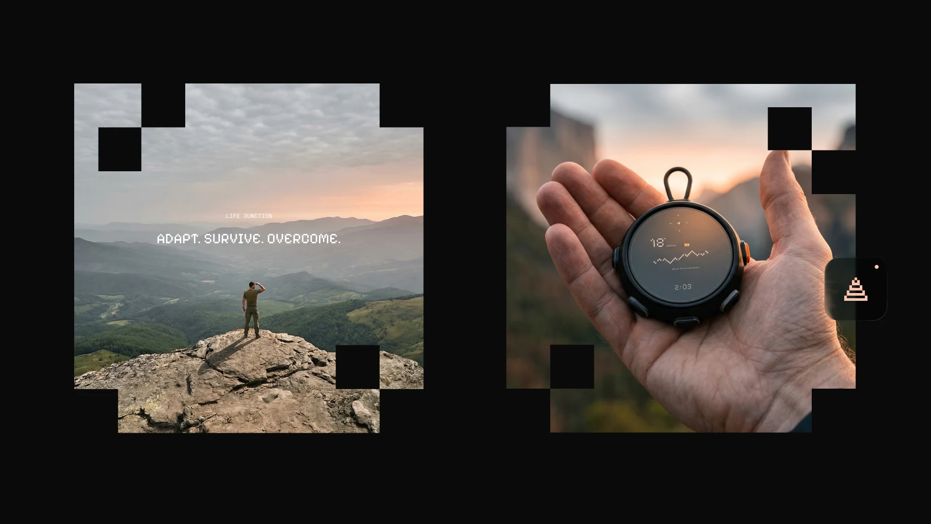 Mountaintop figure and circular device held in a palm, with pixel-notched photo edges
