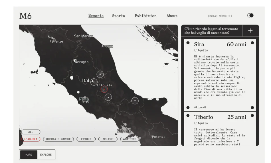 M6 monochrome regional map, bottom filters and right-hand name, age and narrative cards