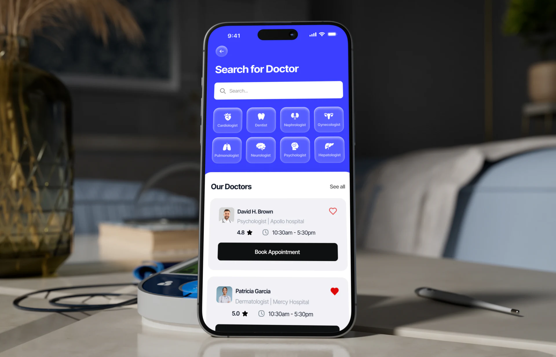 Specialty categories and doctor booking cards