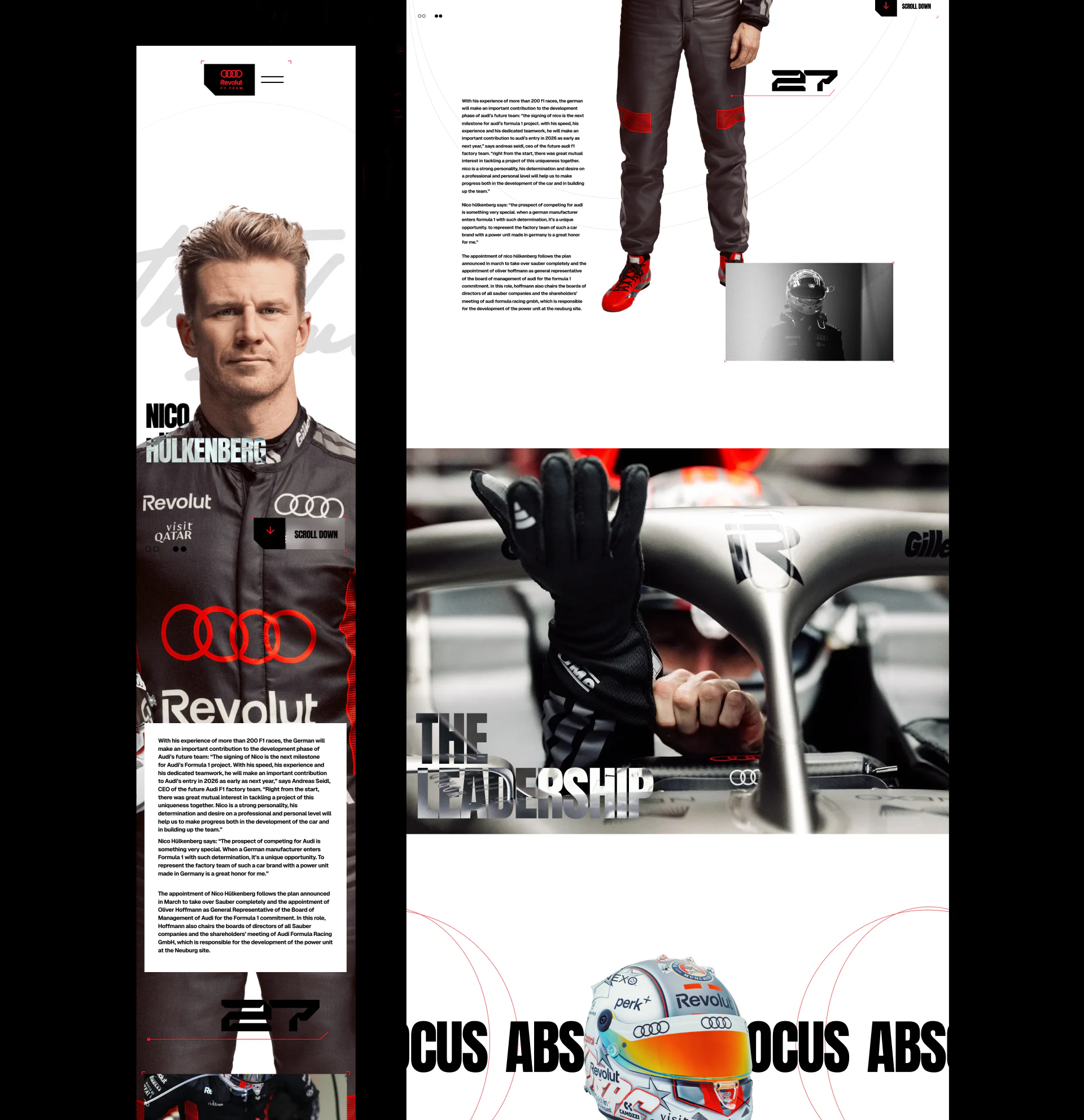 Name over portrait, mobile white introduction area and cockpit equipment imagery