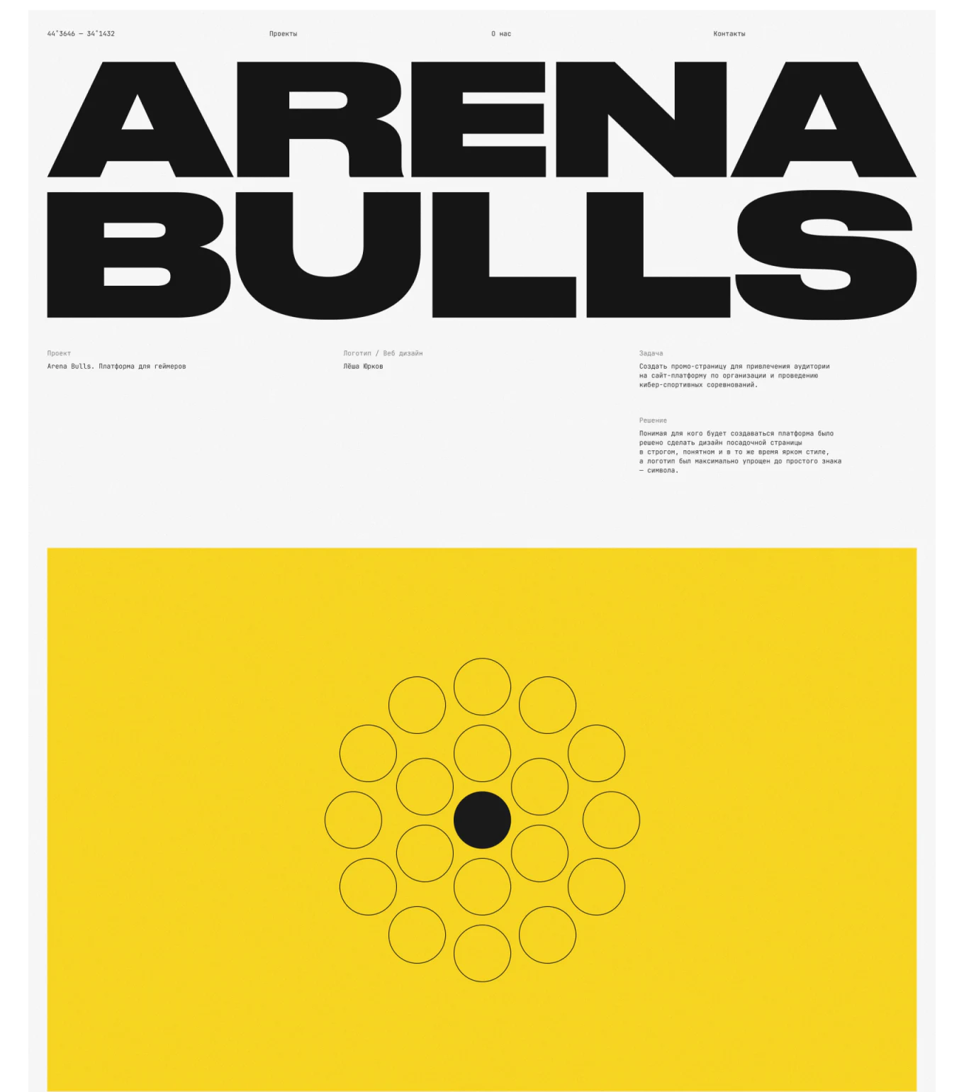 ARENA BULLS large project name, three-column explanation, and yellow visual