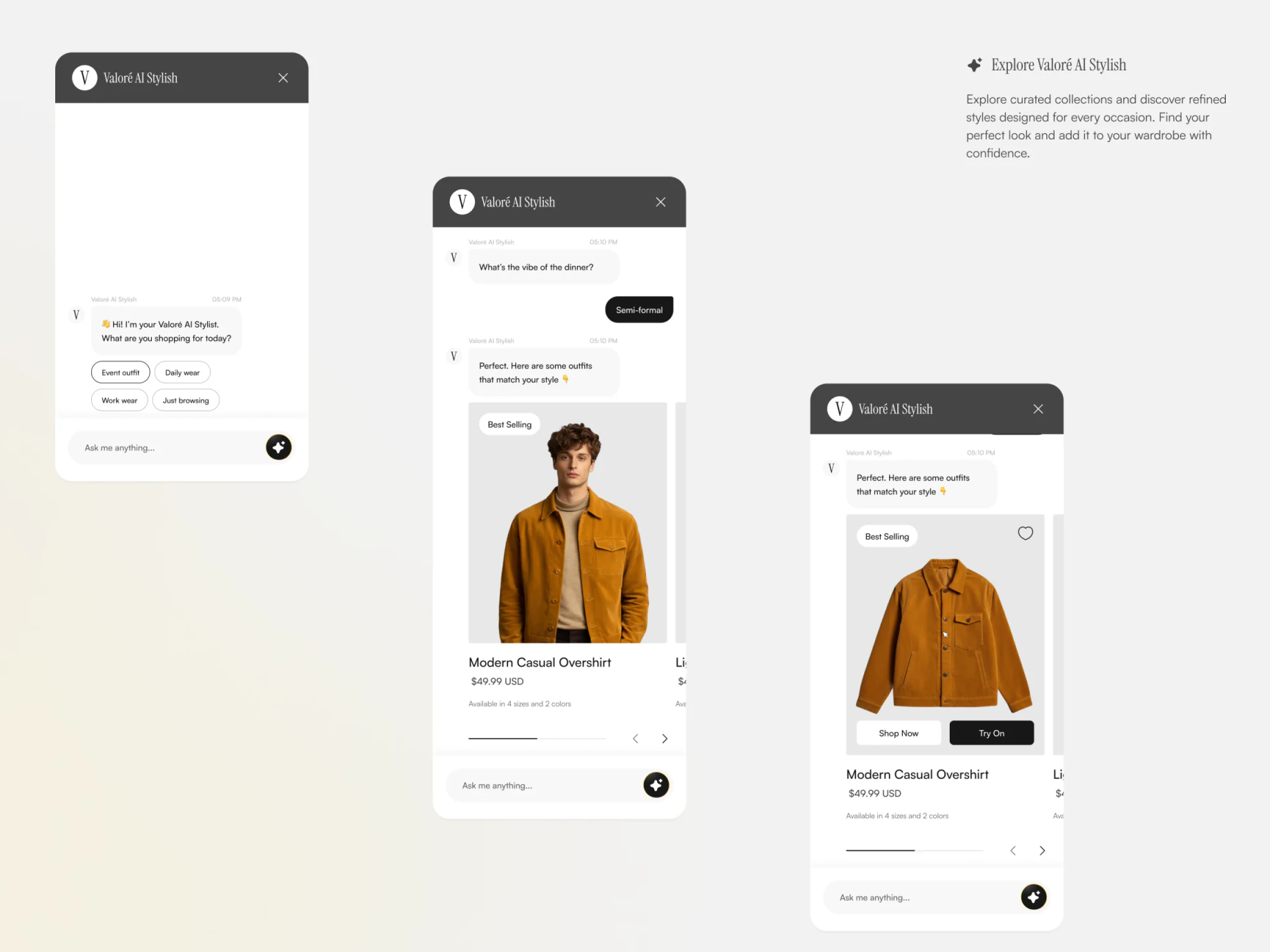 Occasion choices, Semi-formal answer, and a recommendation card with shopping and try-on actions