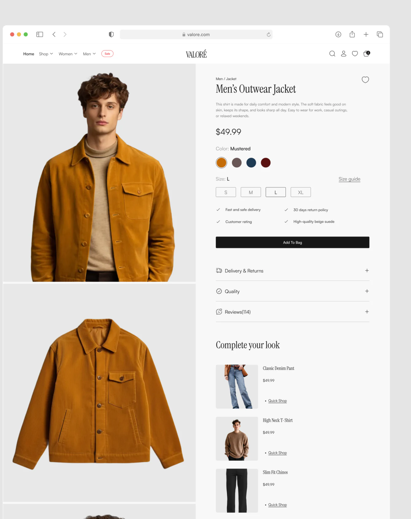 Color dots, selected L, and bag button beside model and garment photographs