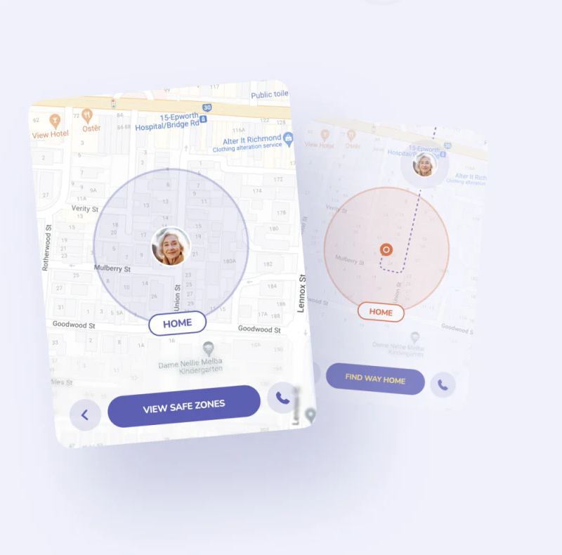 Purple and orange HOME map circles, avatars, area and home actions, with a dashed line on the right