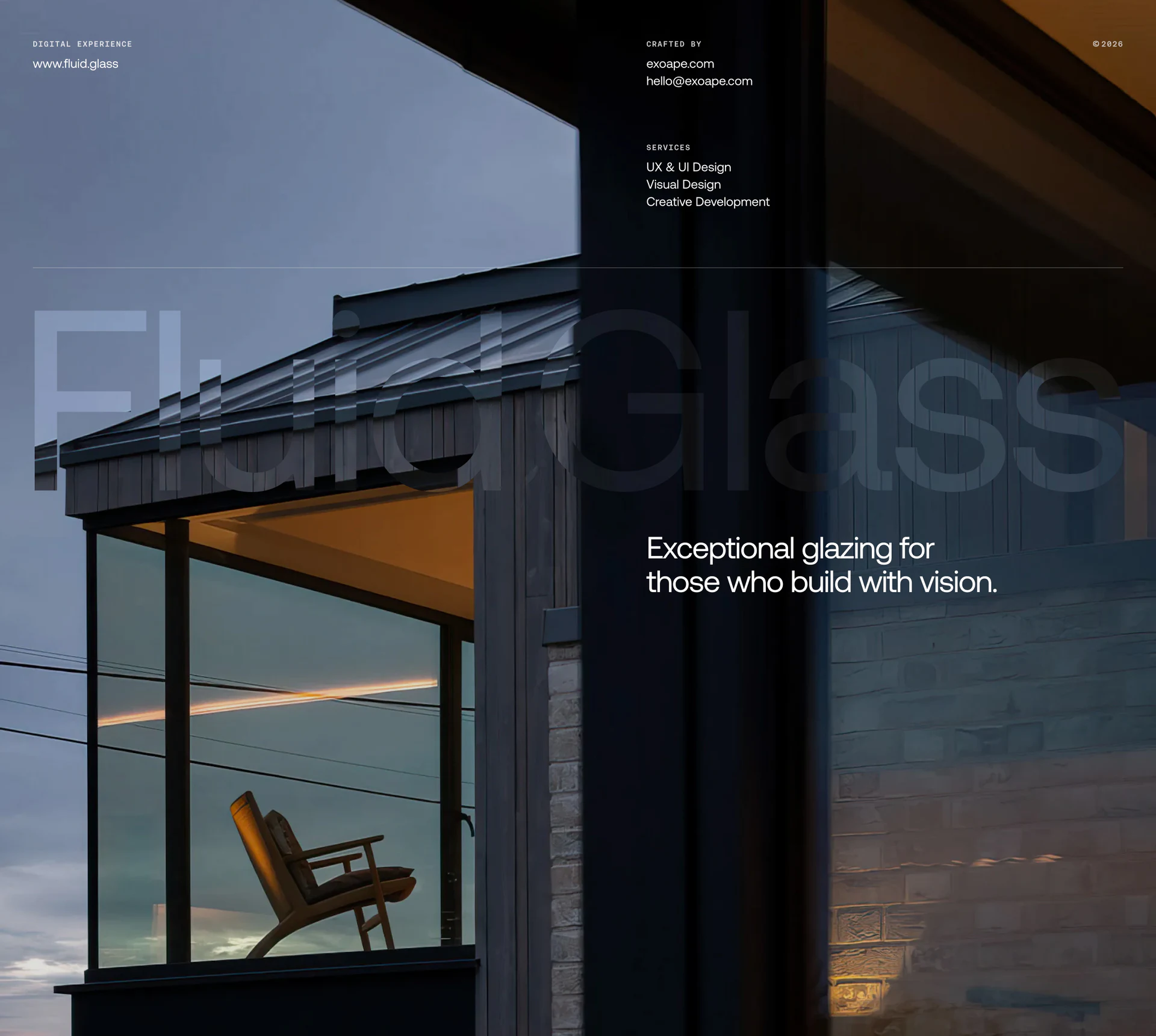 Fluid Glass architectural scene with an interior chair and brand presentation text
