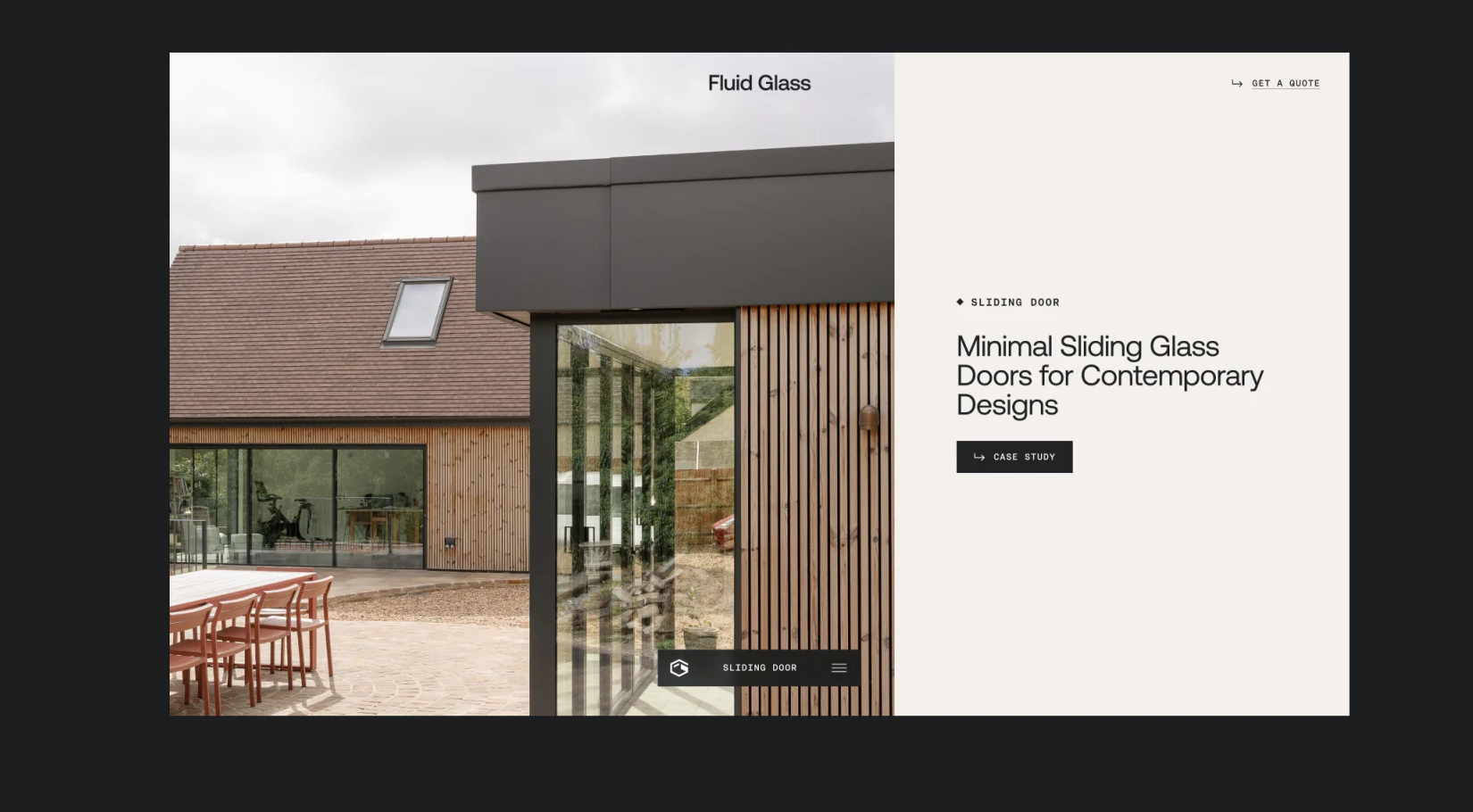 Fluid Glass residential sliding-door photograph, category name, case study, and quote entries