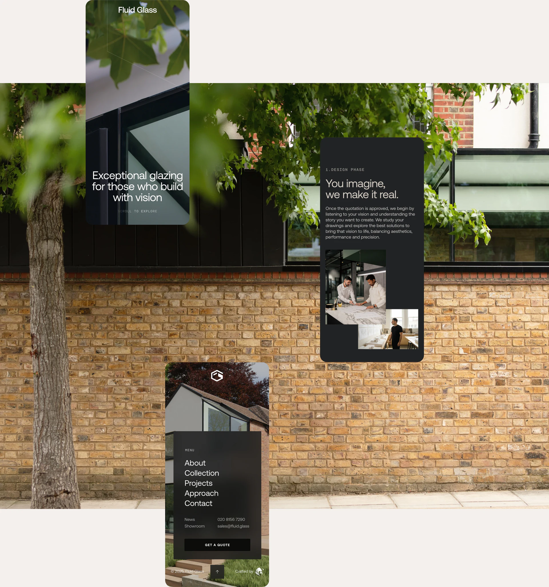 Fluid Glass mobile homepage, Design Phase explanation, and expanded menu