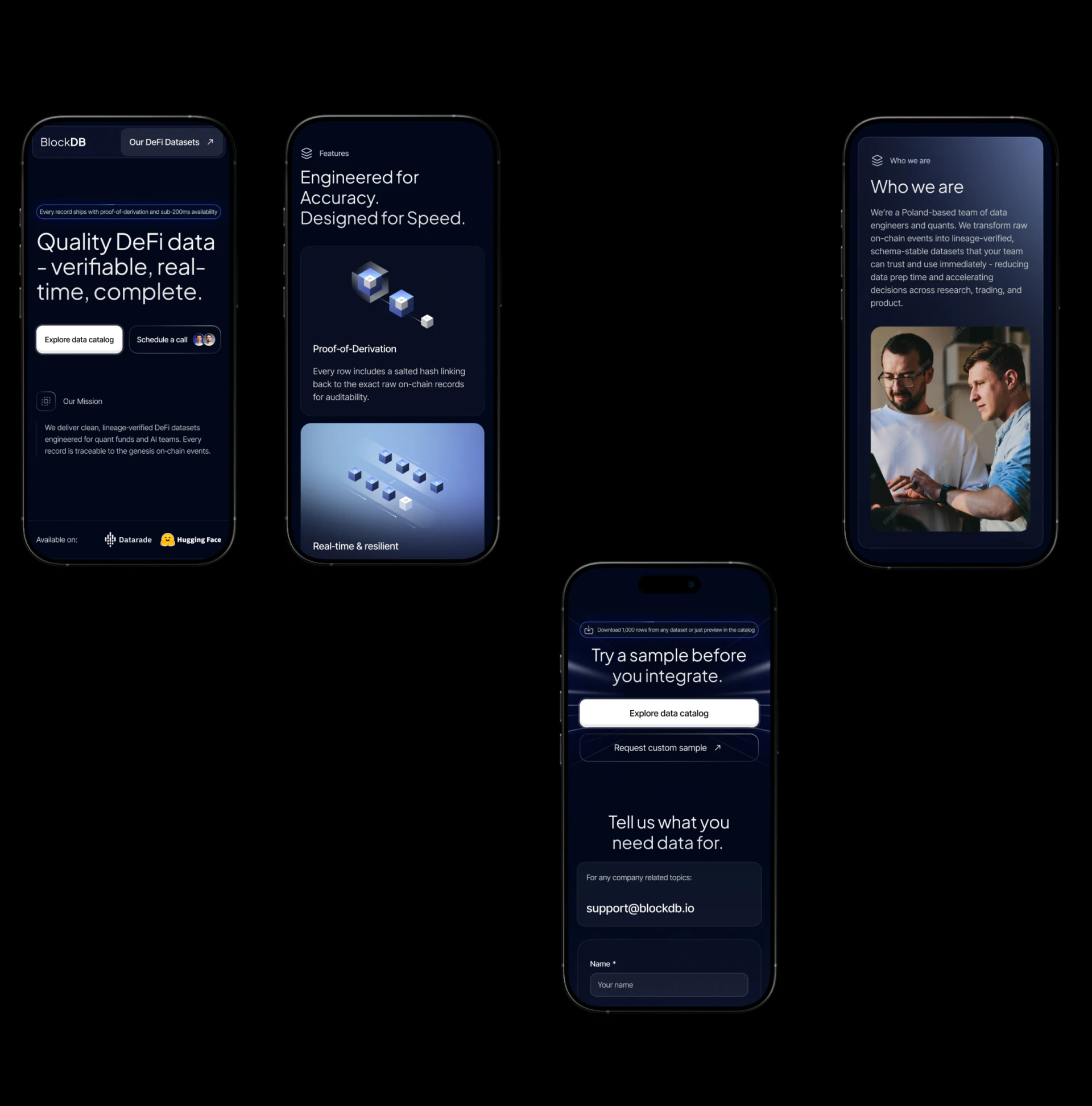Dark-blue mobile page with catalog and call buttons, capability and sample modules