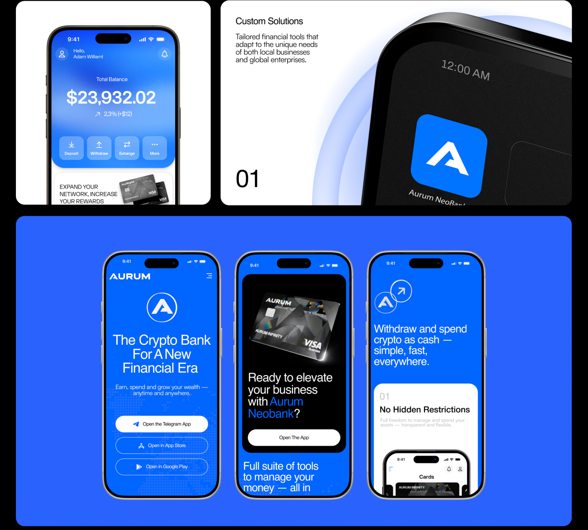 Aurum account balance, four actions, and three platform entries presented together