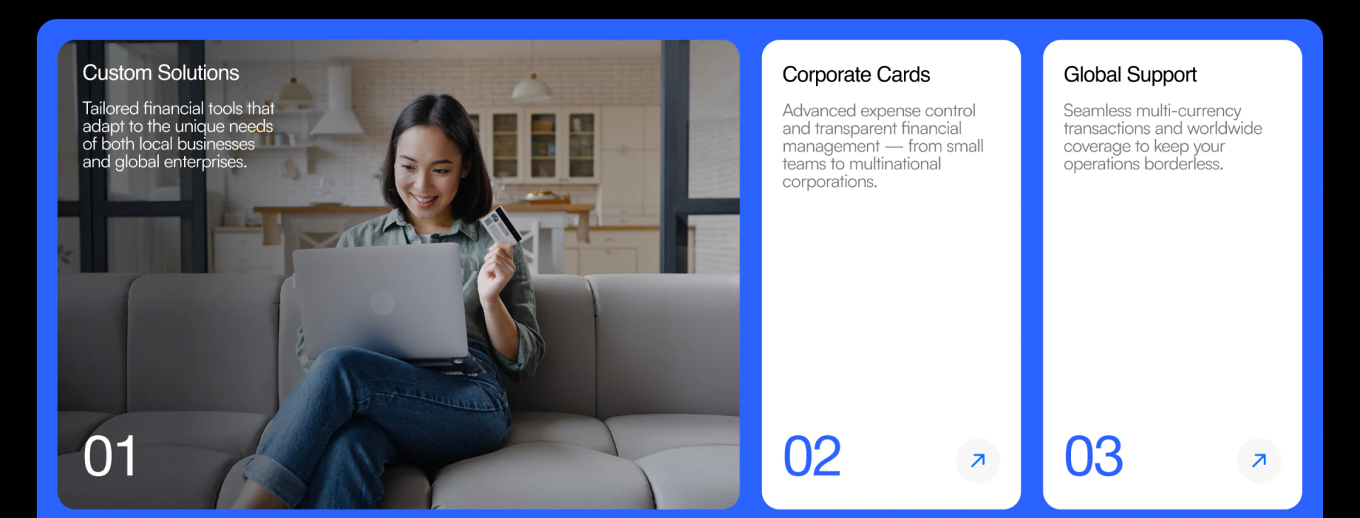 Aurum business services with one wide photo card and two text cards