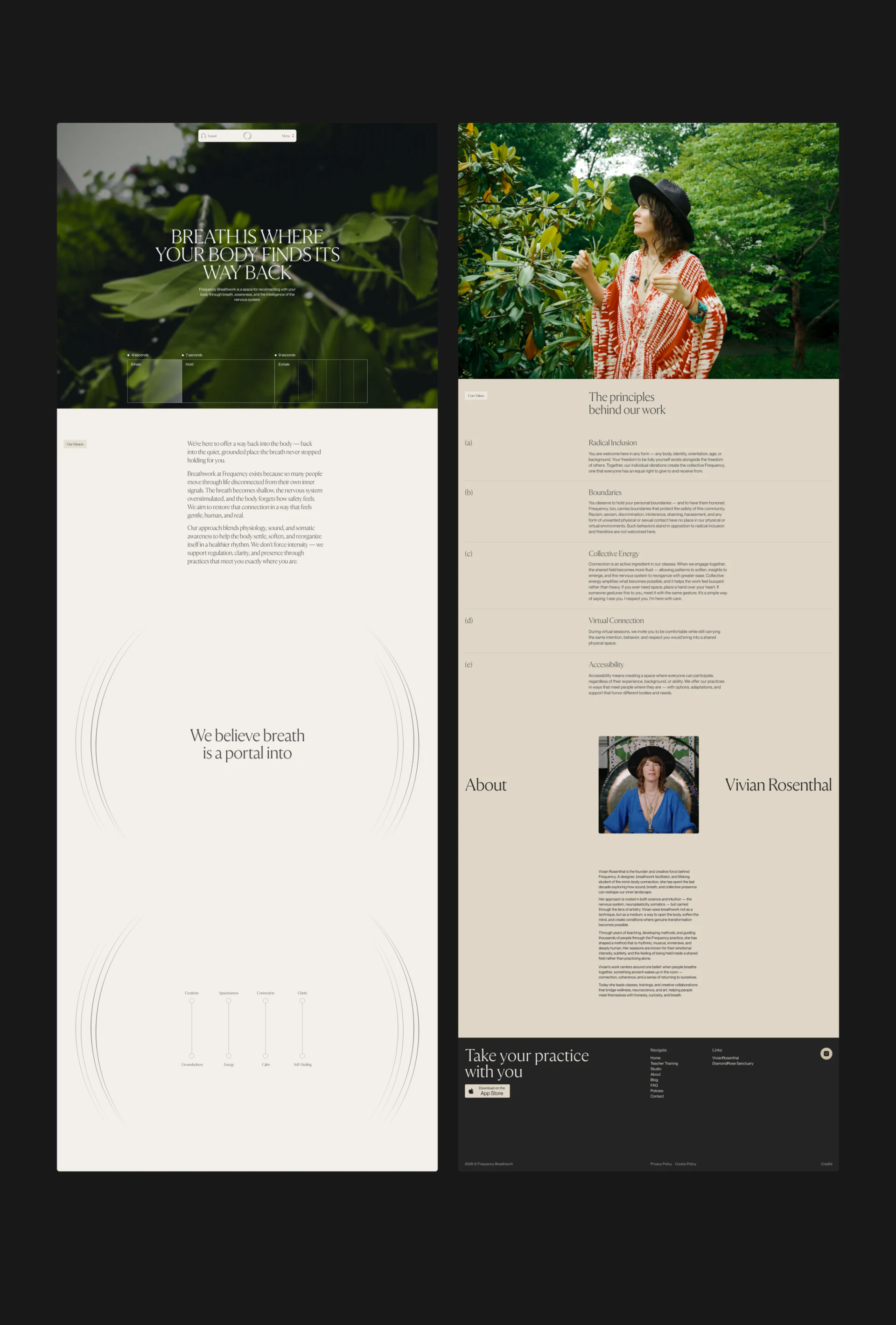 Plant hero and portrait photographs followed by beige explanations and principle lists