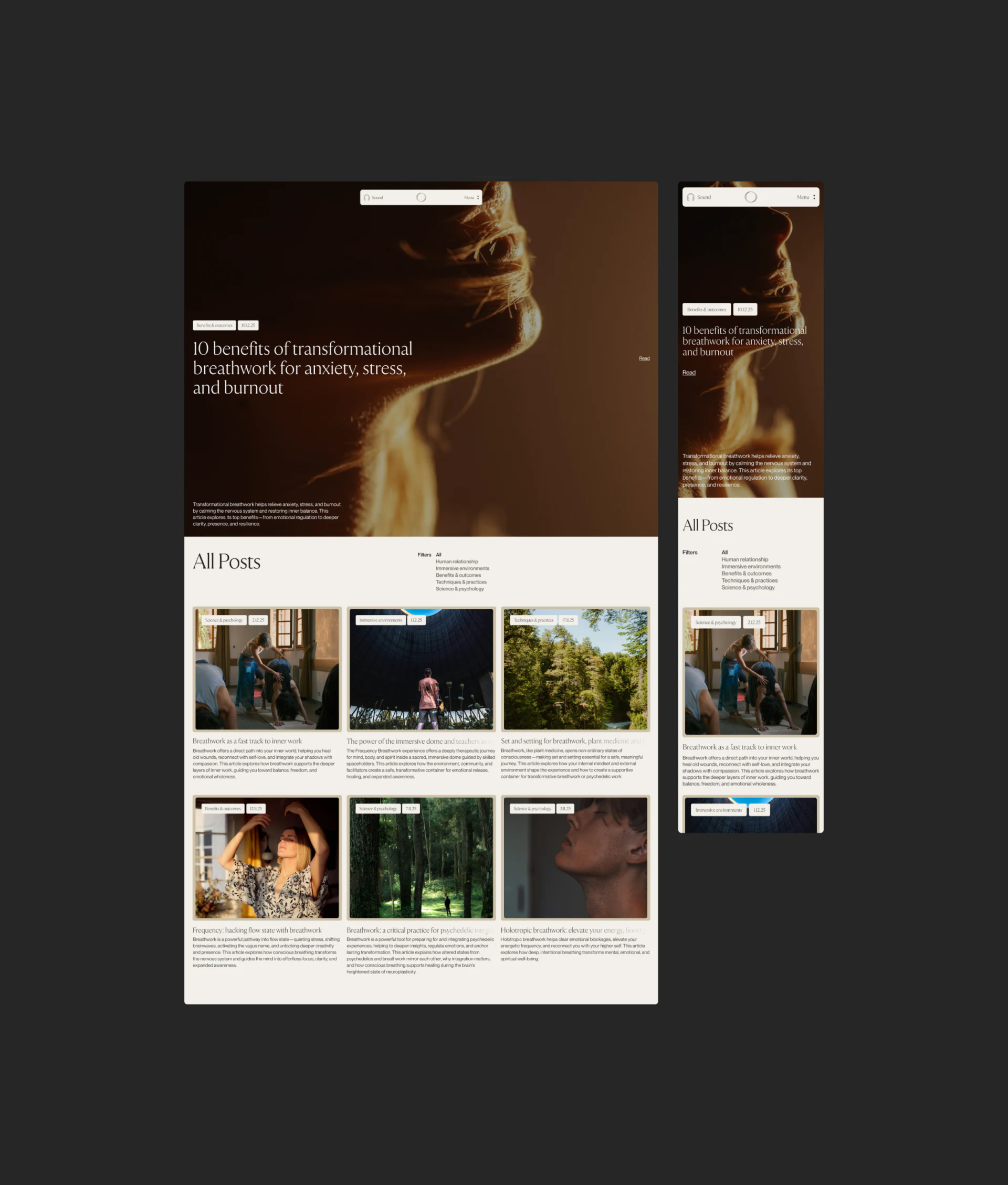 Desktop and mobile article lists retaining topic filters, images, and dates