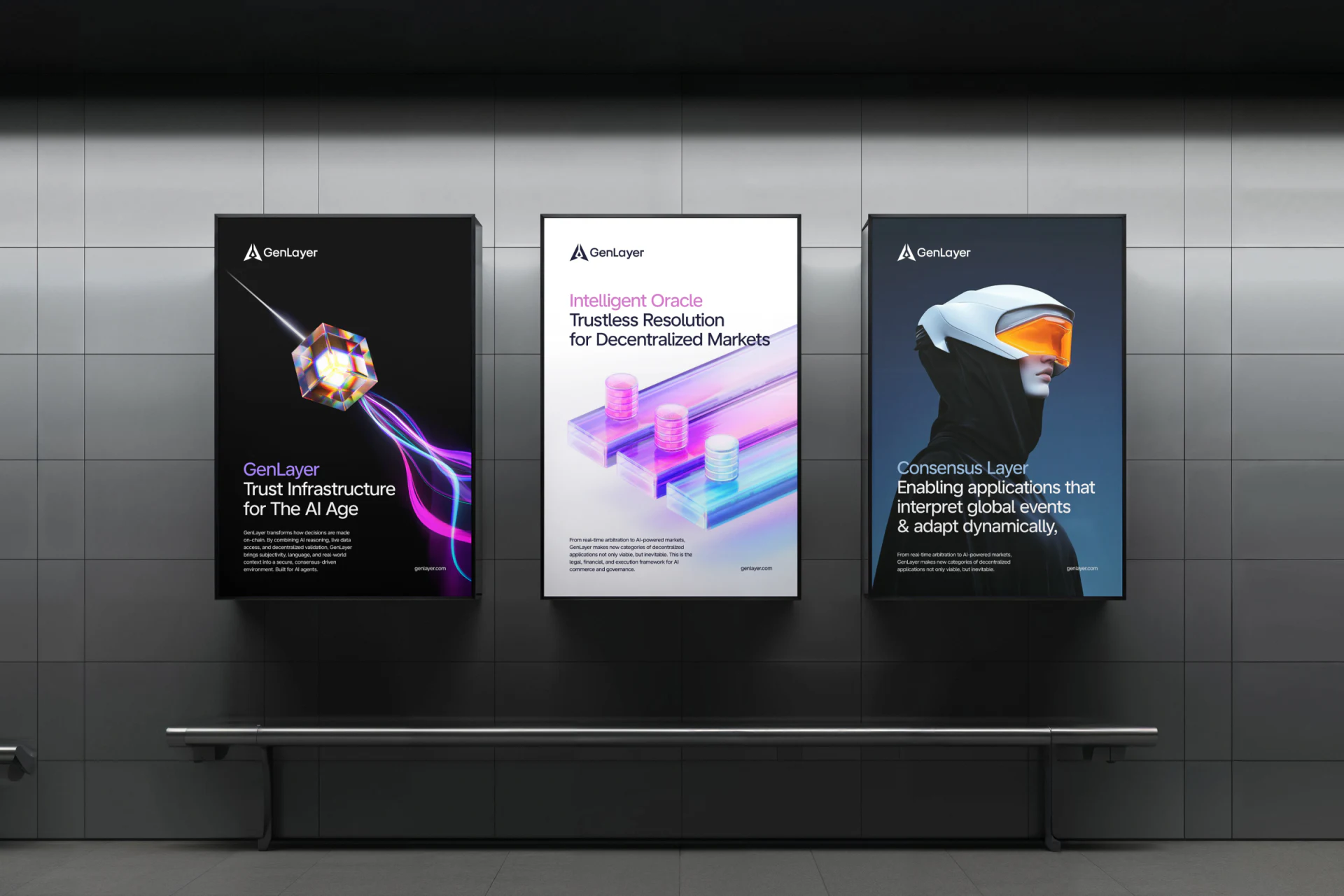 GenLayer posters featuring prism beams, track cylinders and a person