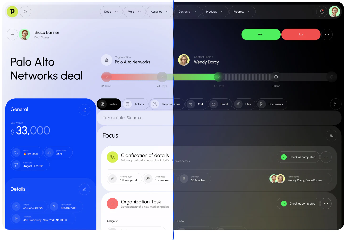 Light/dark comparison with large deal title, blue General card, and stages and tasks on the right