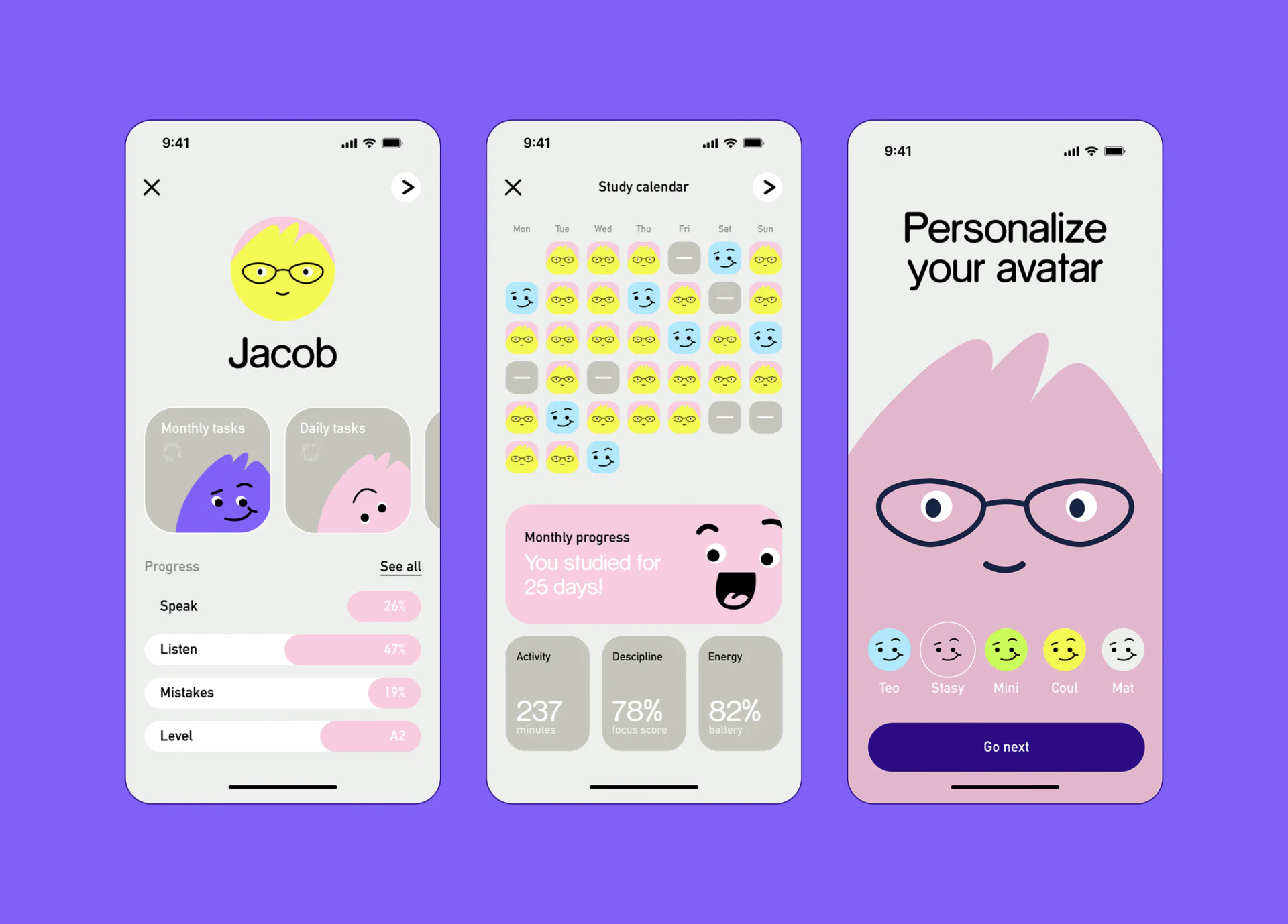 Profile, character calendar and avatar selection, with different roles for avatar and companion
