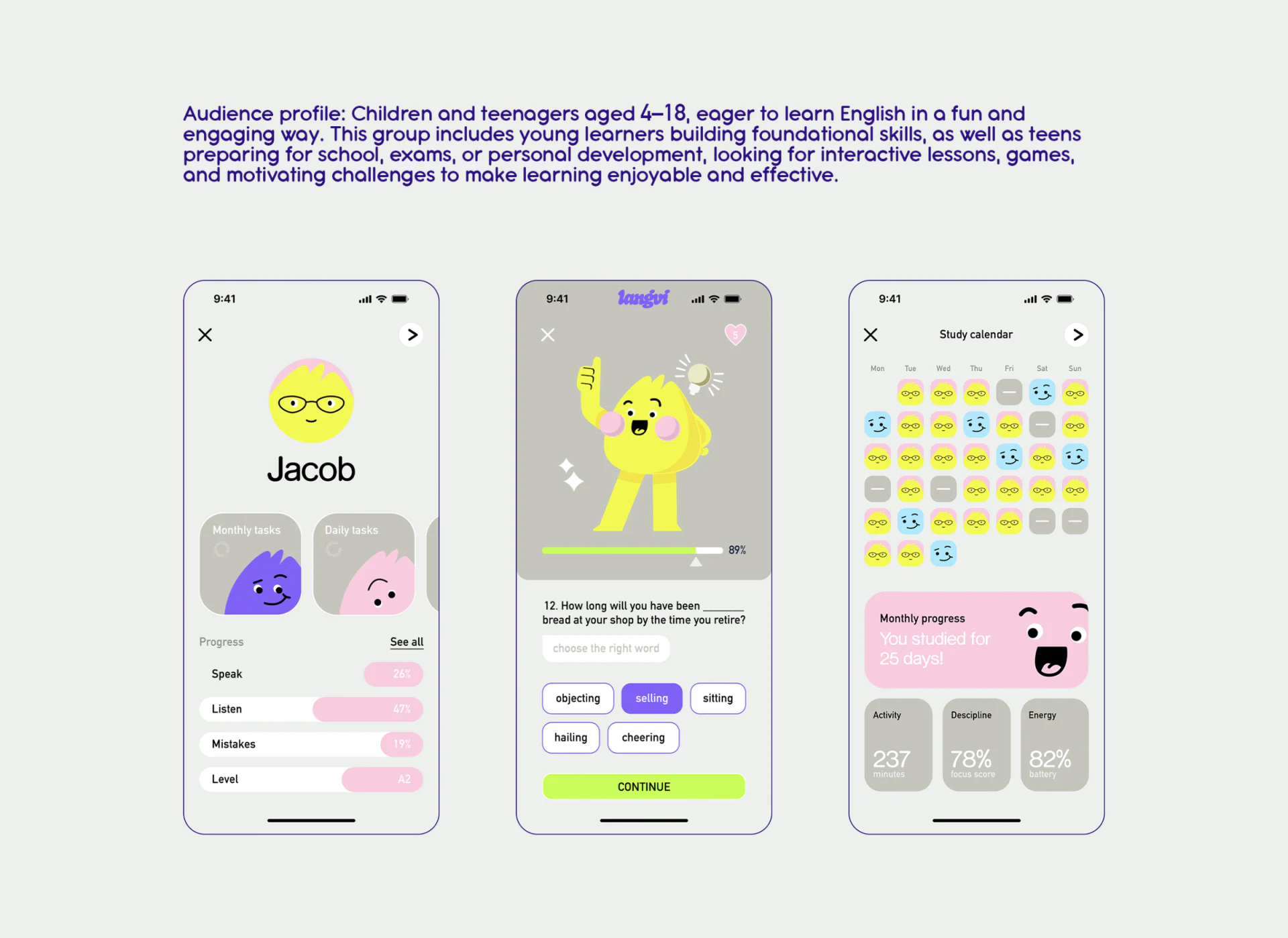 Three phones showing progress, purple selected answer and character calendar