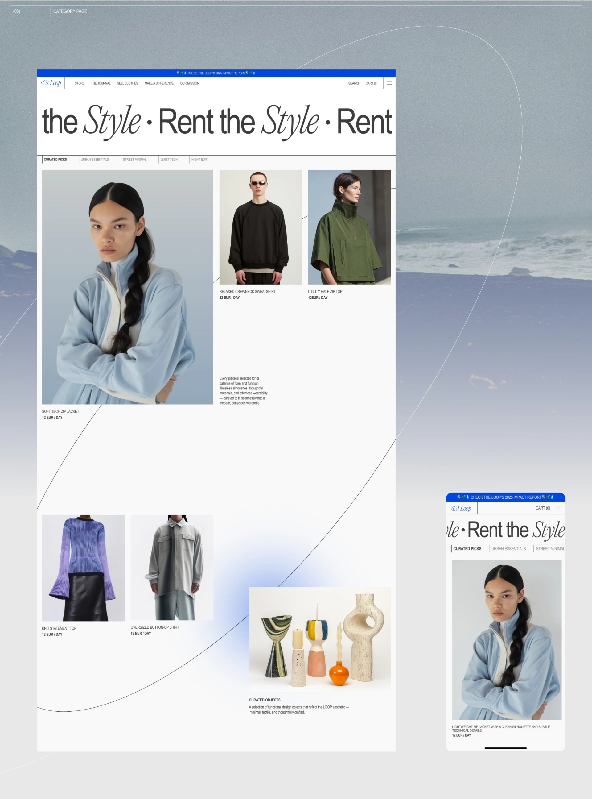 Rental clothing catalog with varied image sizes and daily prices below