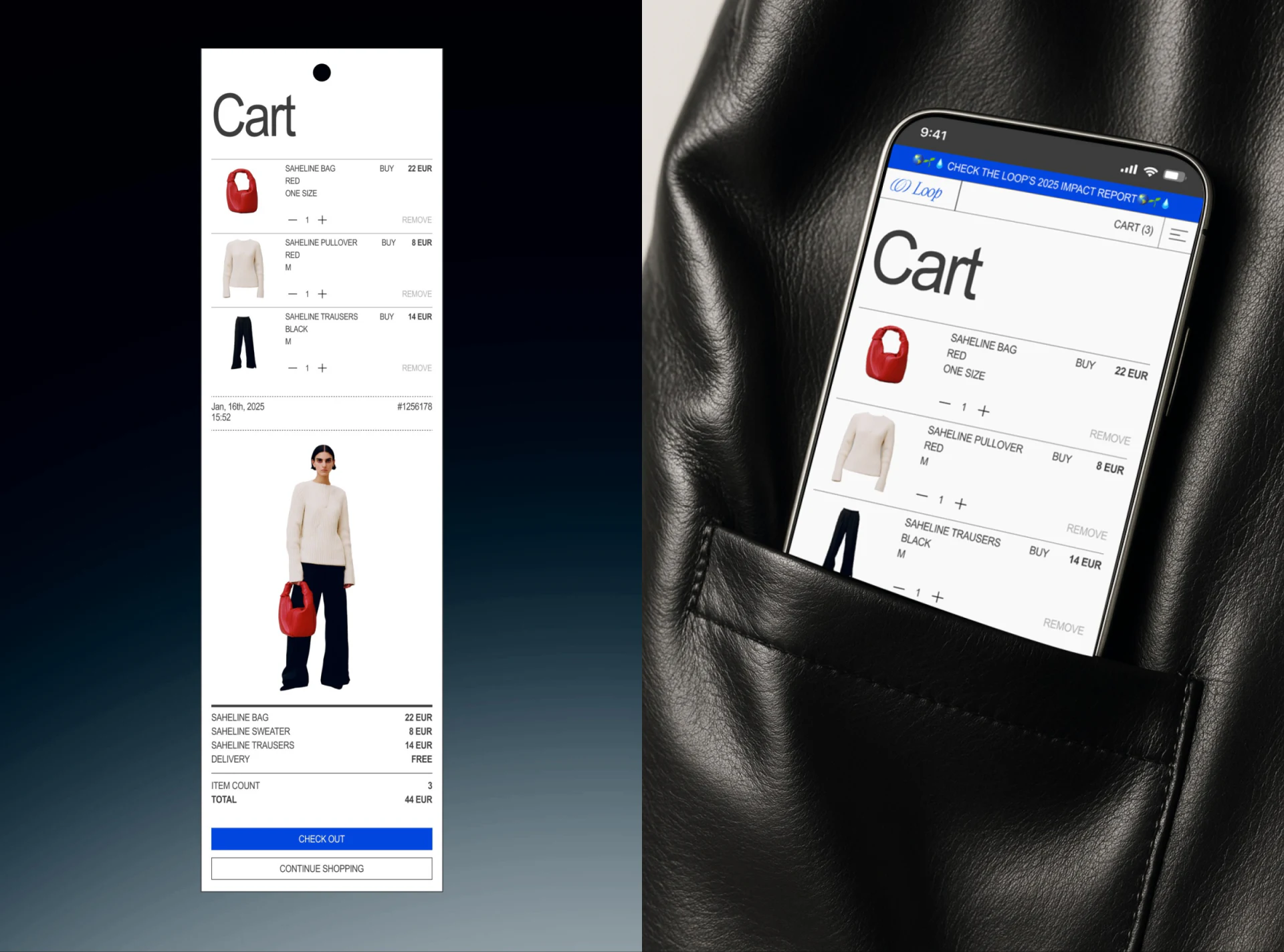Long cart receipt and mobile product list with BUY and quantity controls