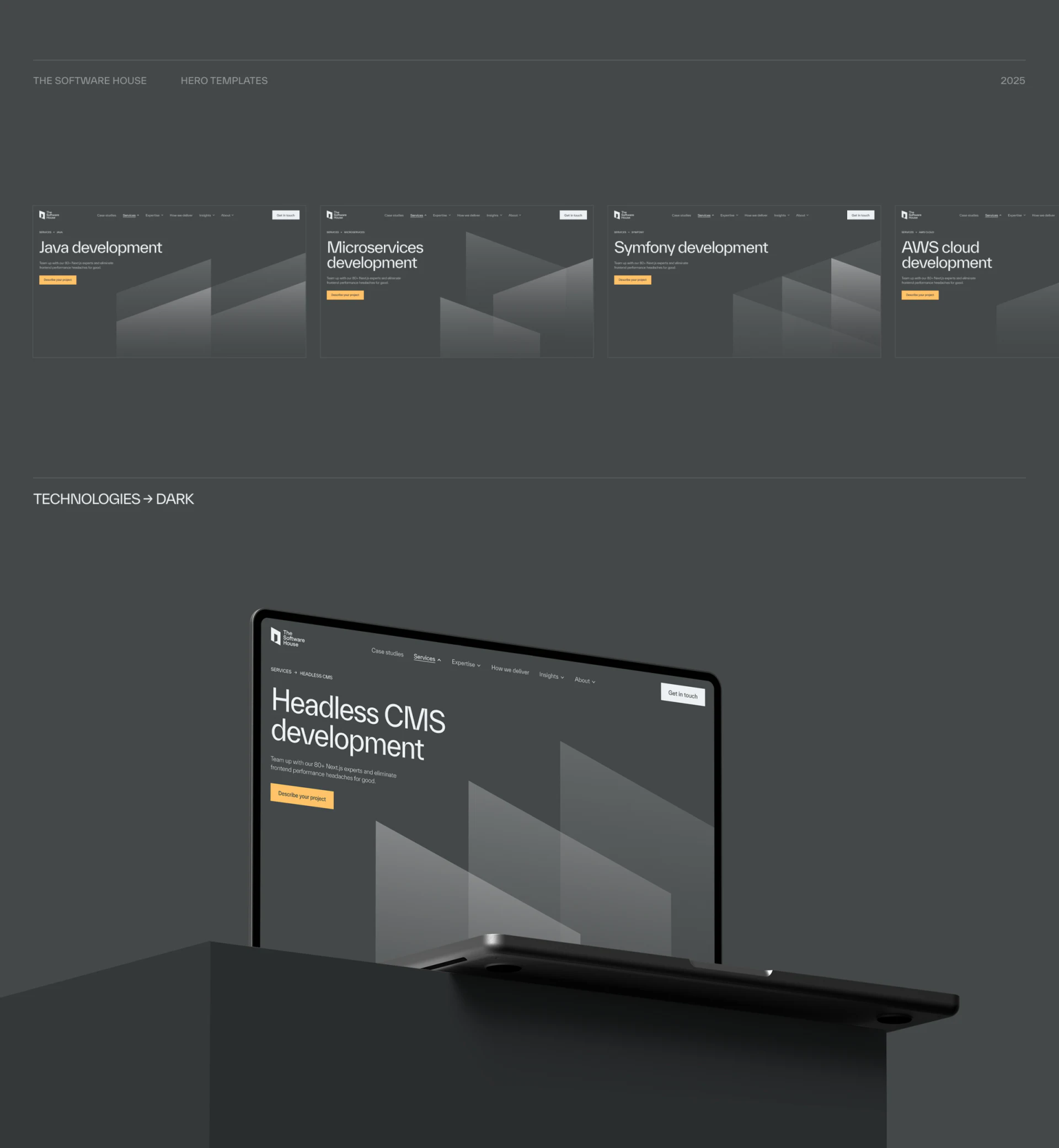 Dark-gray board with Java, Microservices, Symfony and AWS cloud heroes and Headless CMS laptop below