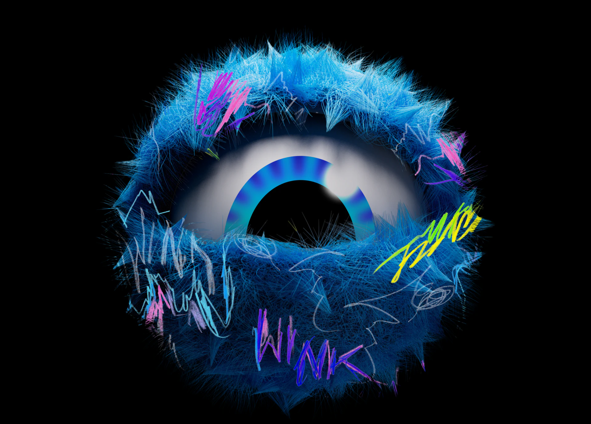 Blue furry eye with colorful handwritten Wink on black