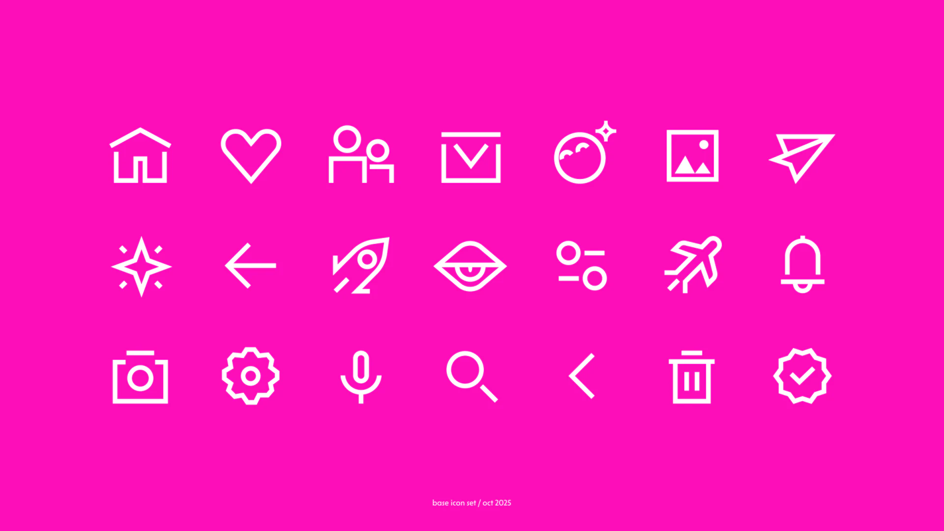 Three rows of white linear symbols on pink, combining common actions and abstract shapes