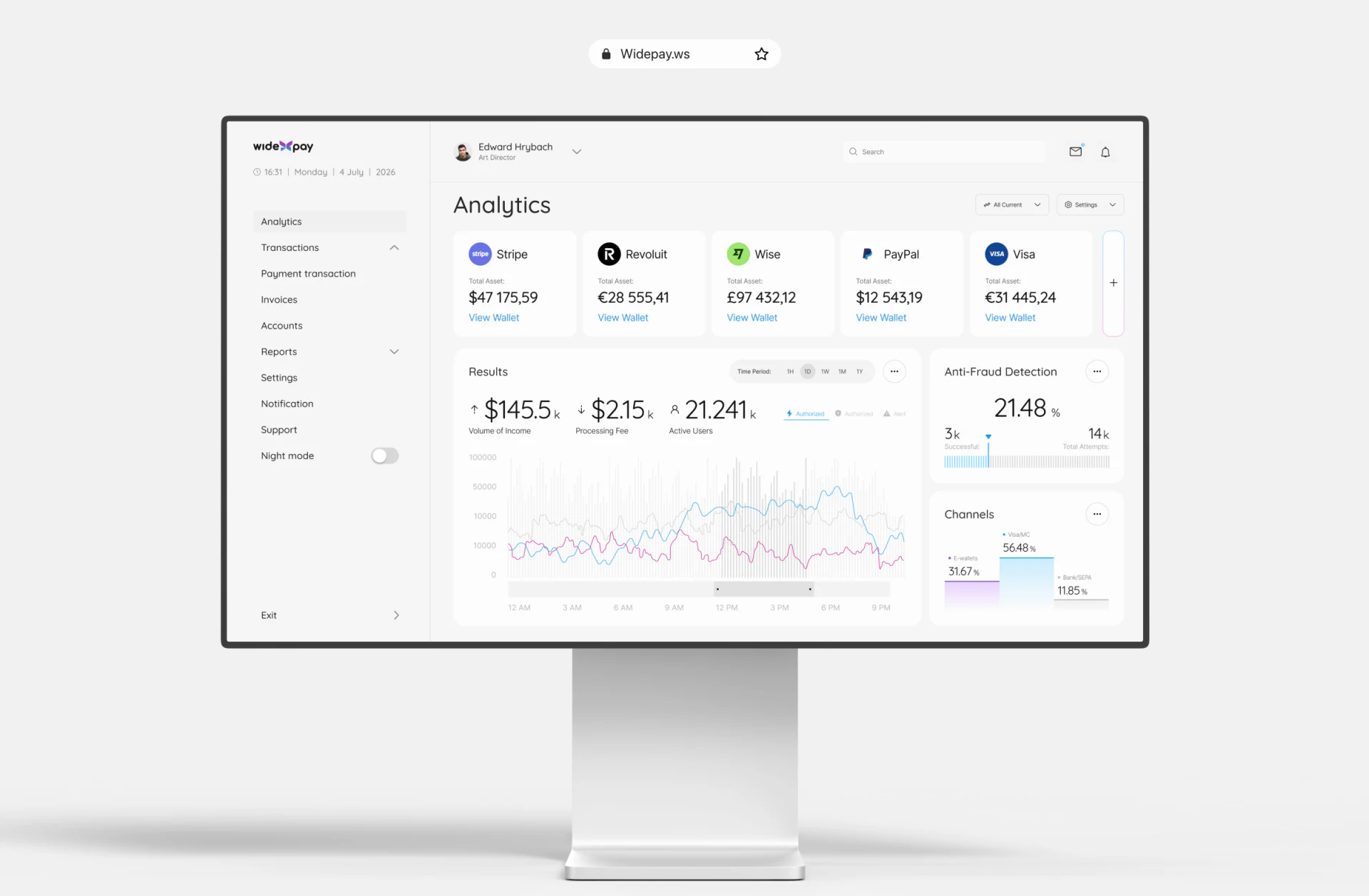 Payment operations dashboard with multi-currency account cards, period trends and right-hand proportion modules