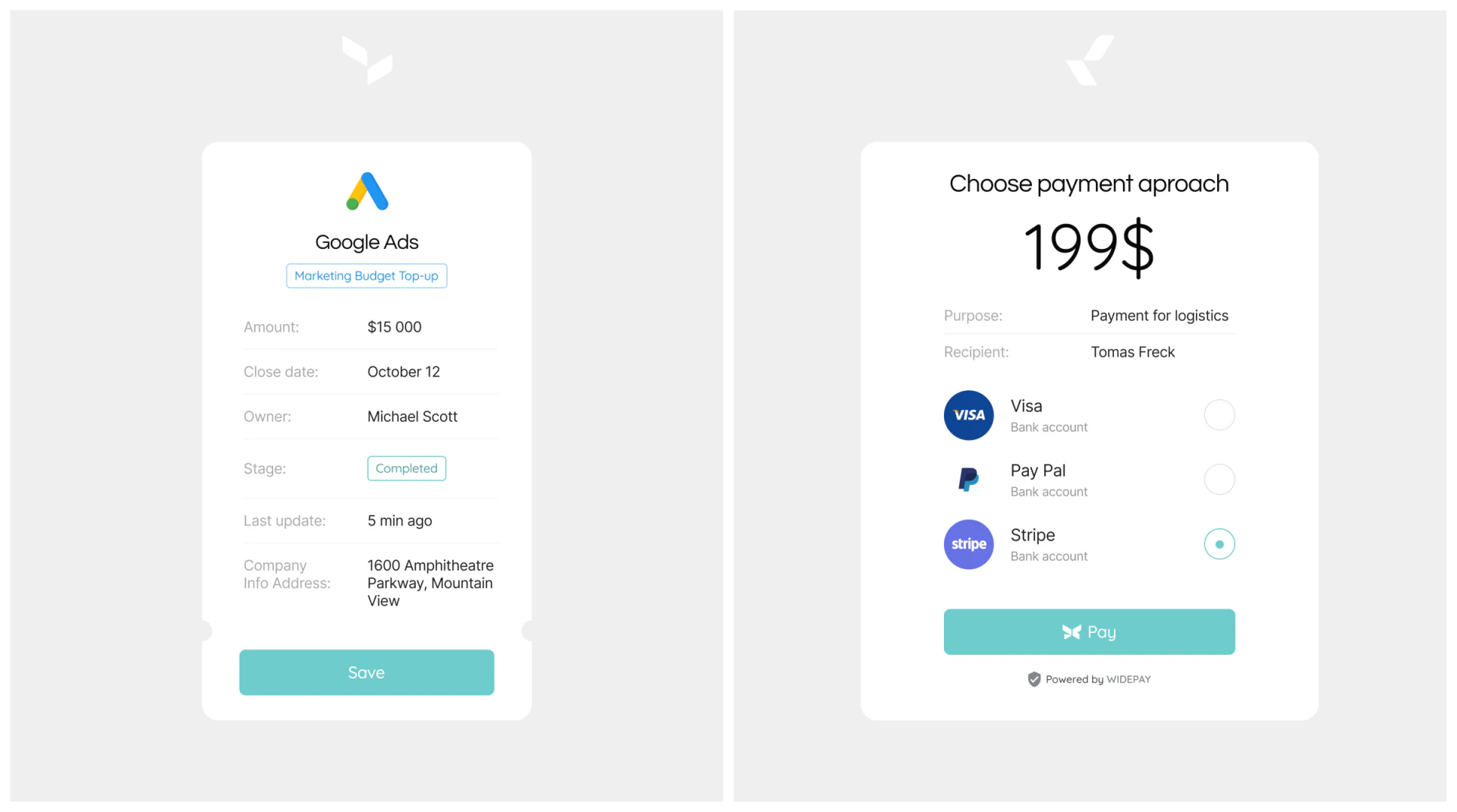 Budget top-up receipt beside a 199-dollar payment-method card