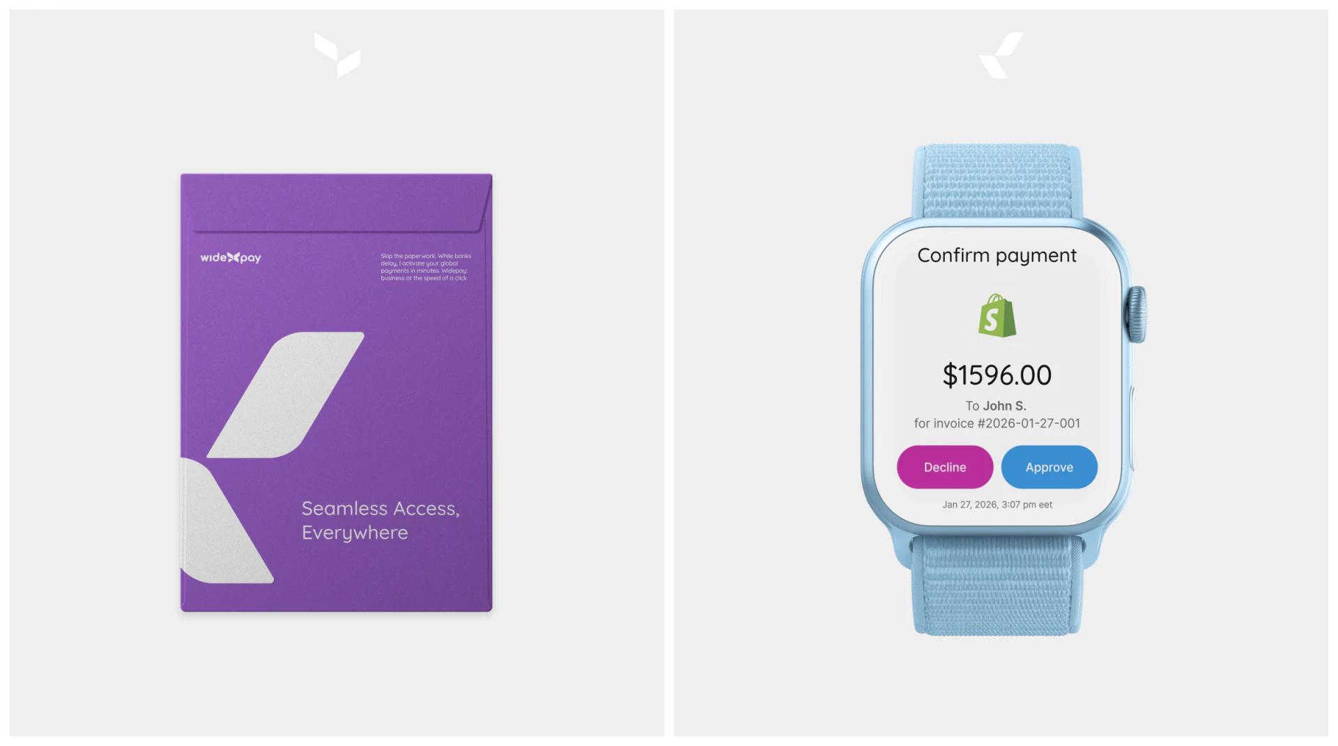 Watch amount, abbreviated recipient, invoice identifier and approve/decline buttons